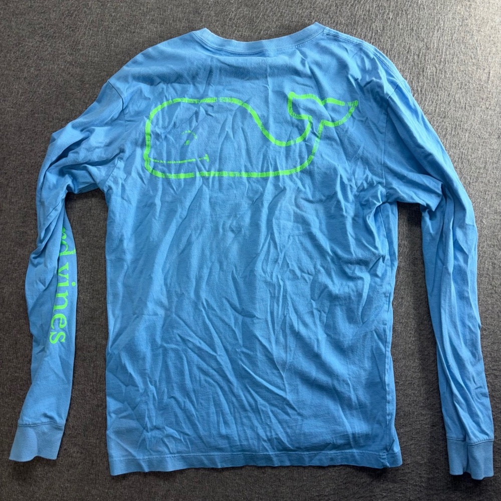 Vineyard Vines XS Blue Long Sleeve Pocket T-Shirt Lime Green Whale Logo